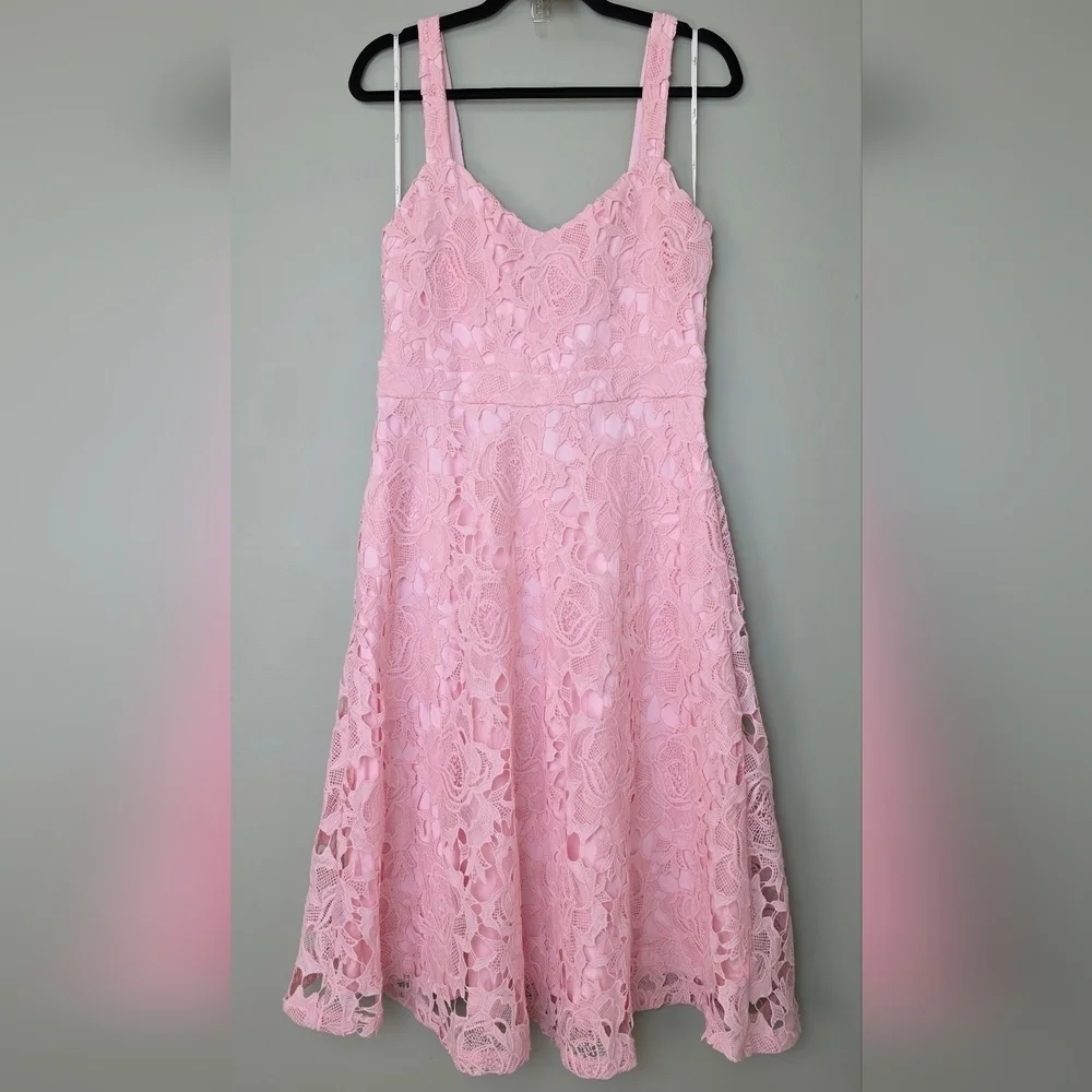 Lulus Divine Beauty Blush Pink Lace Midi Dress With Pockets, Size Large NWT